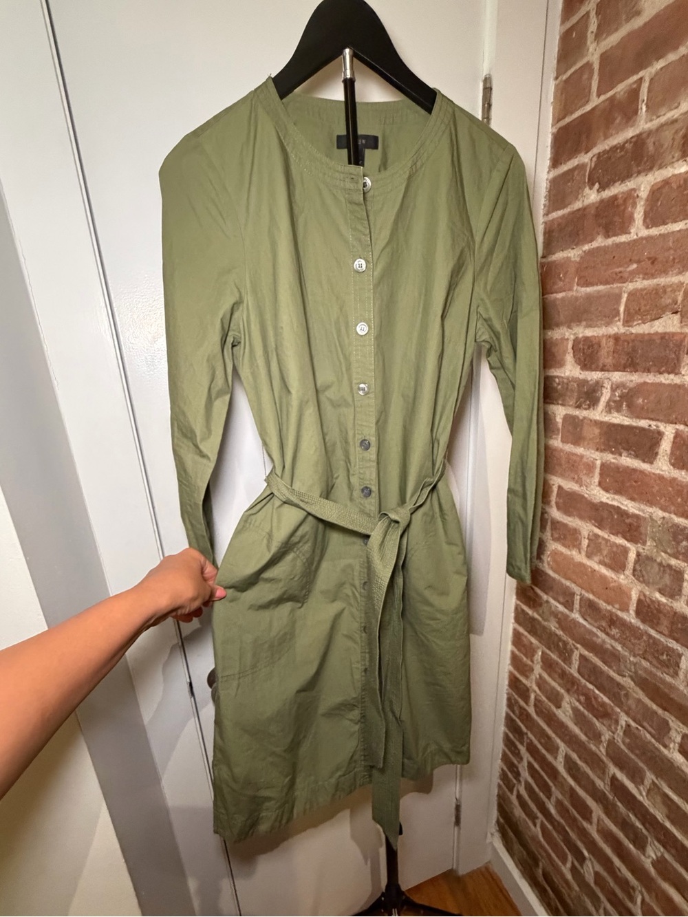 J. Crew Olive Green Long-Sleeve Button-Front Dress with Self-Tie Belt